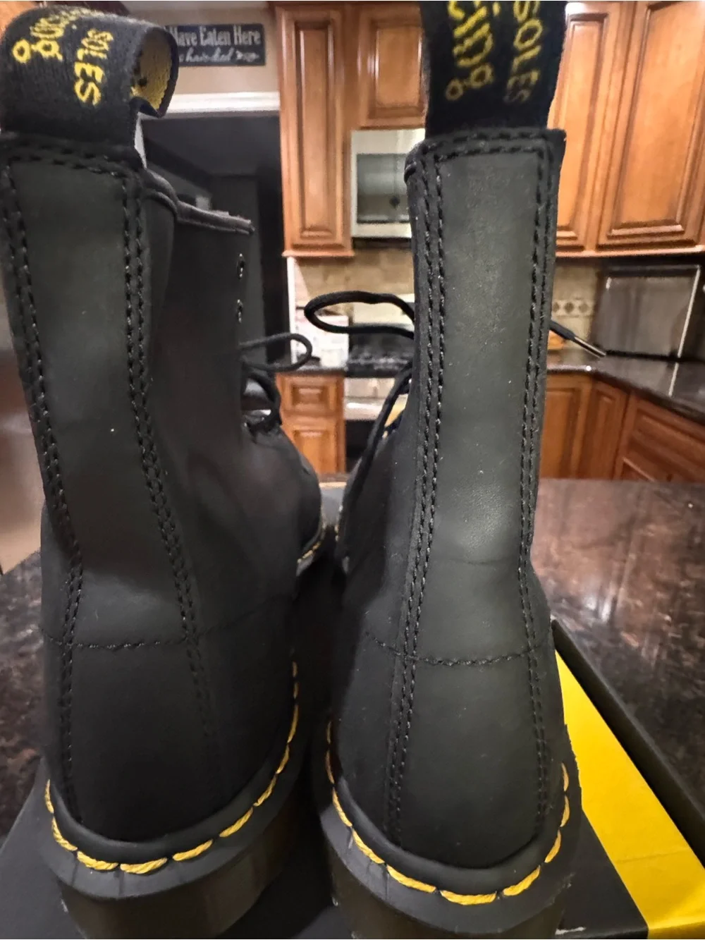 Dr. Martens Black Leather Lace-Up Boots with Yellow Stitching
